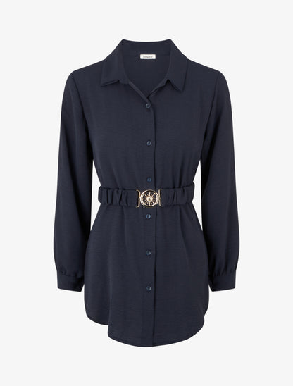 Chemise unie à ceinture élastiquée - Marine - 1