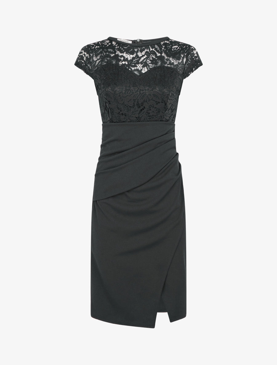 Robe droite à dentelle et drapé - Noir - 1