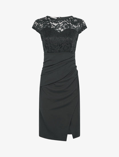 Robe droite à dentelle et drapé - Noir - 1