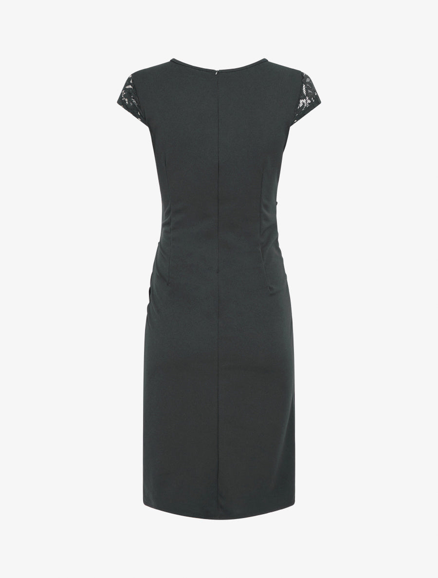 Robe droite à dentelle et drapé - Noir - 2