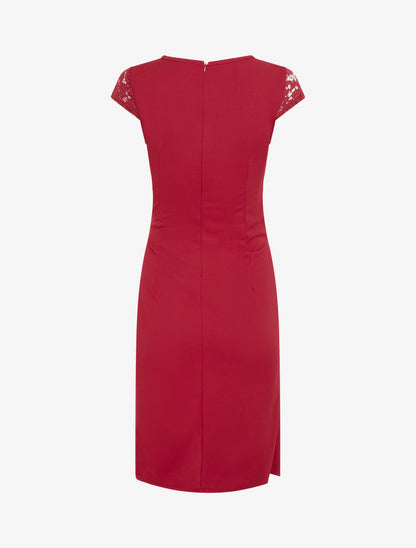 Robe droite à dentelle et drapé - Rouge - 2