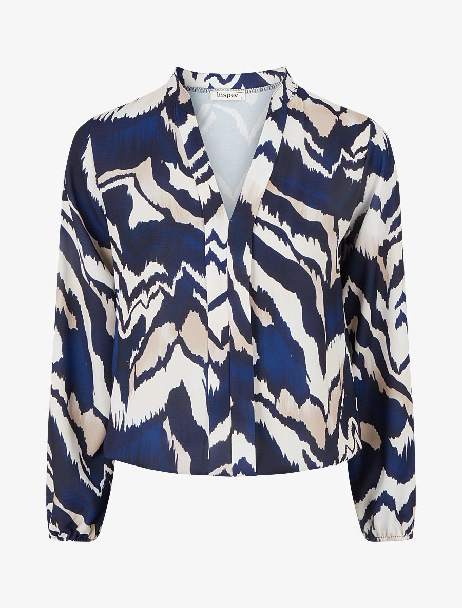 Top droit à col V imprimé abstrait - Marine - 1