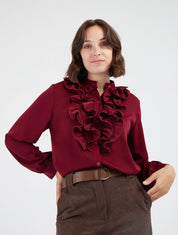 Blouse droite à col jabot - Lie de vin
