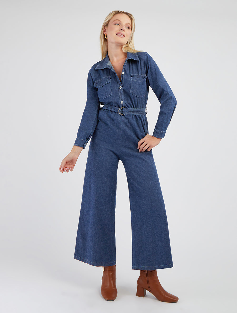 Combinaison en denim col à pied - Bleu denim