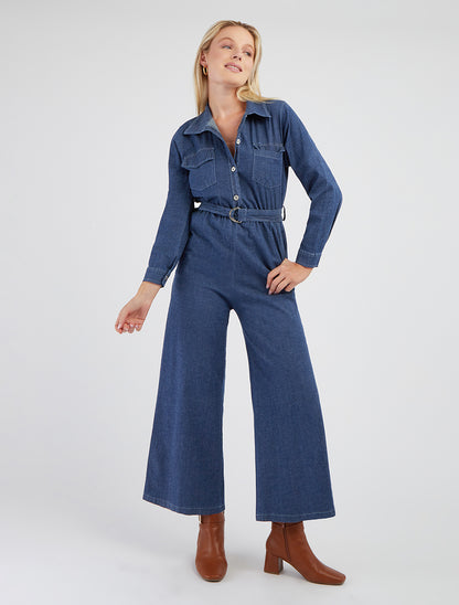 Combinaison en denim col à pied - Bleu denim