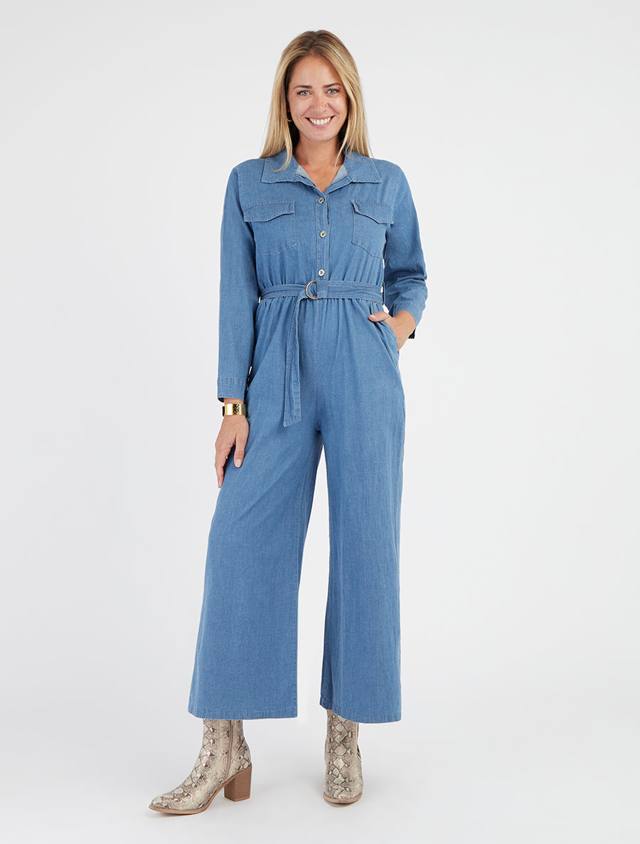 Combinaison en denim col à pied - Bleu clair