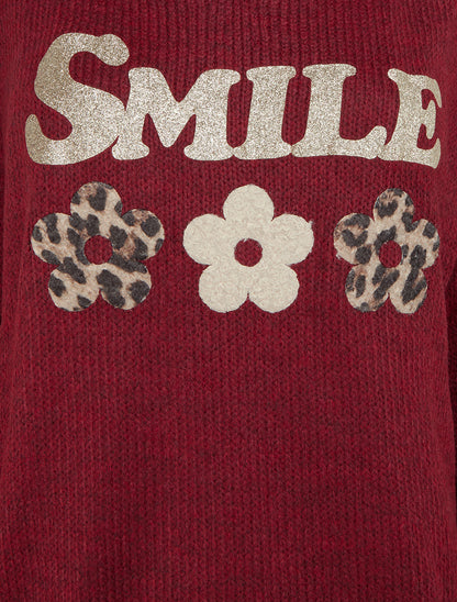 Pull uni en maille à flocage - Bordeaux