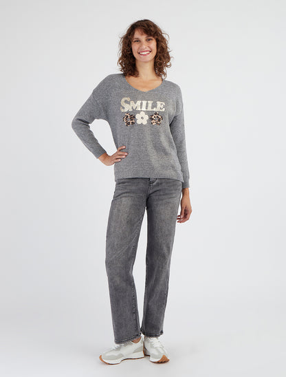 Pull uni en maille à flocage - Gris