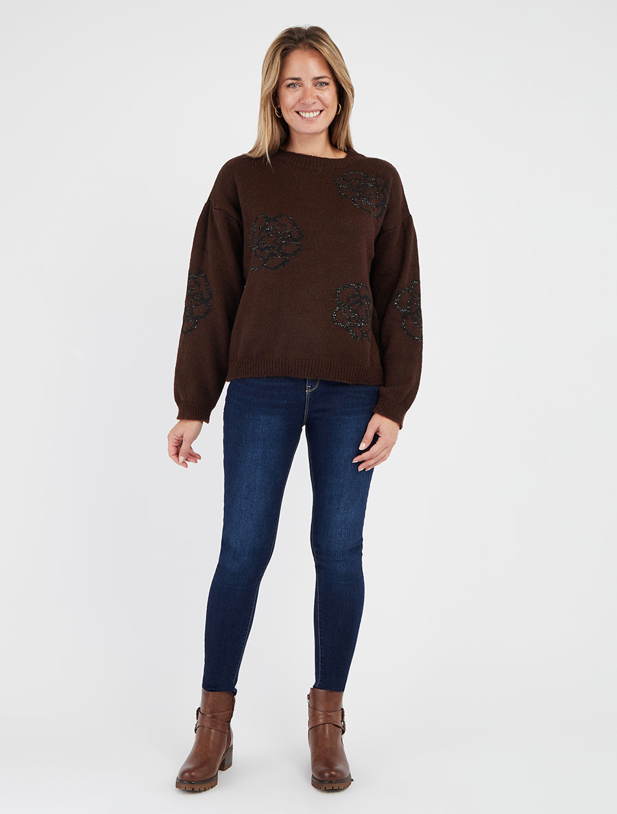 Pull uni à motifs fleurs - Marron