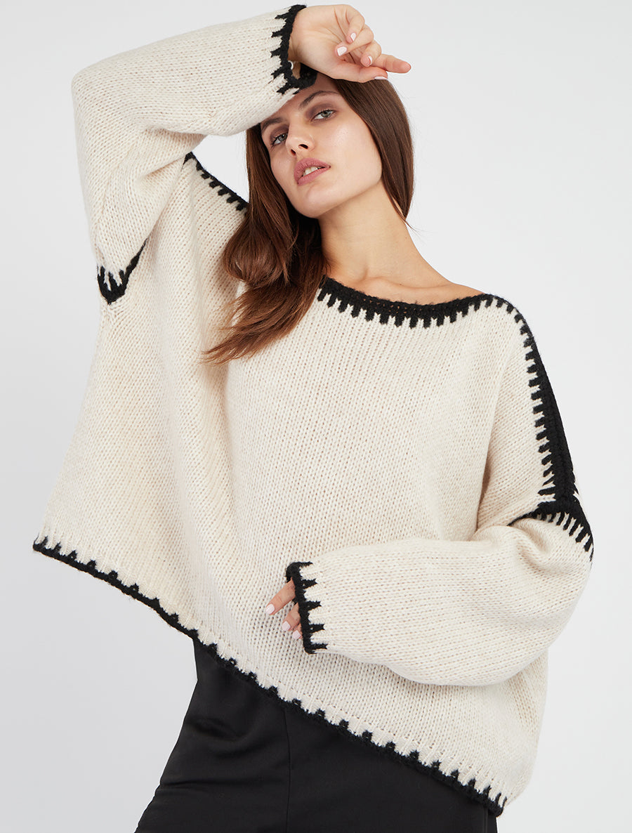 Pull en maille uni à bandes contrastantes - Beige