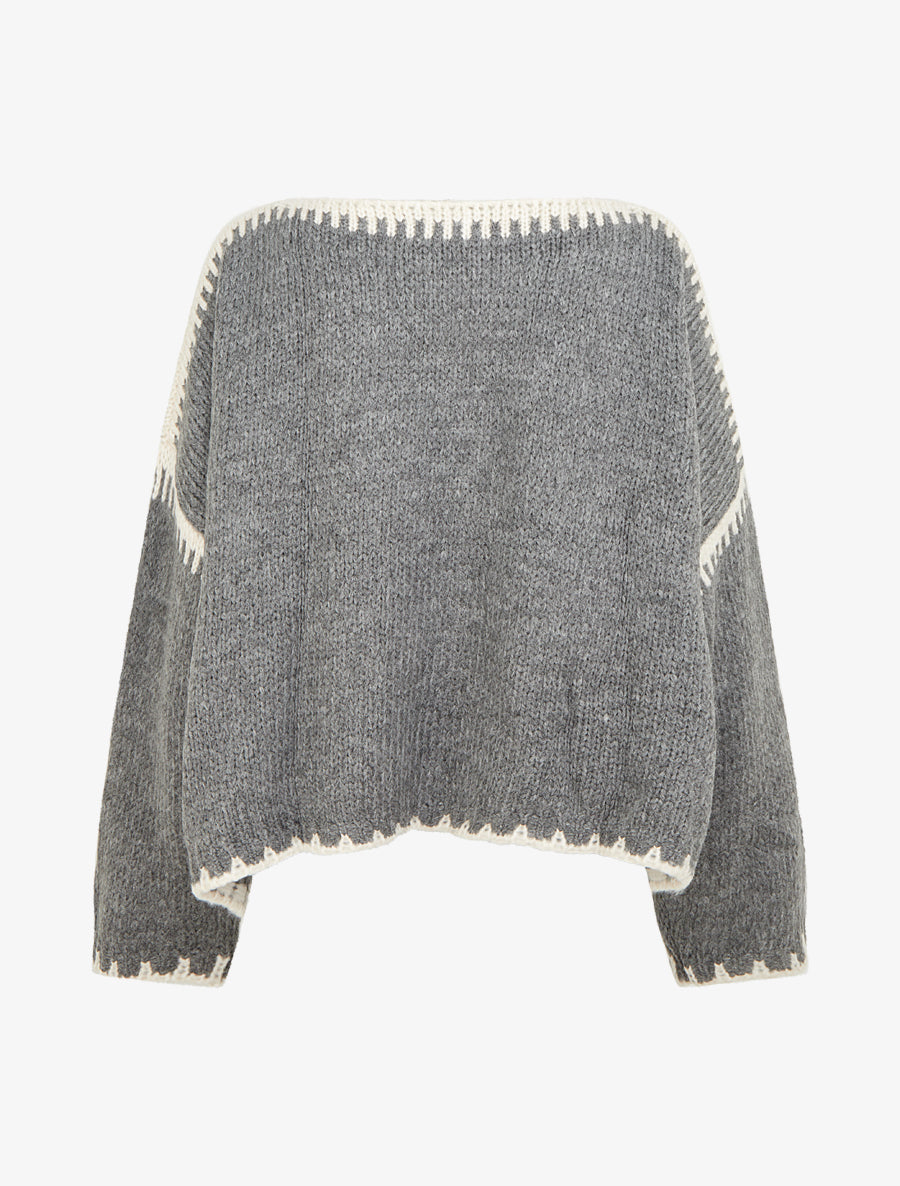 Pull en maille uni à bandes contrastantes - Gris - 2