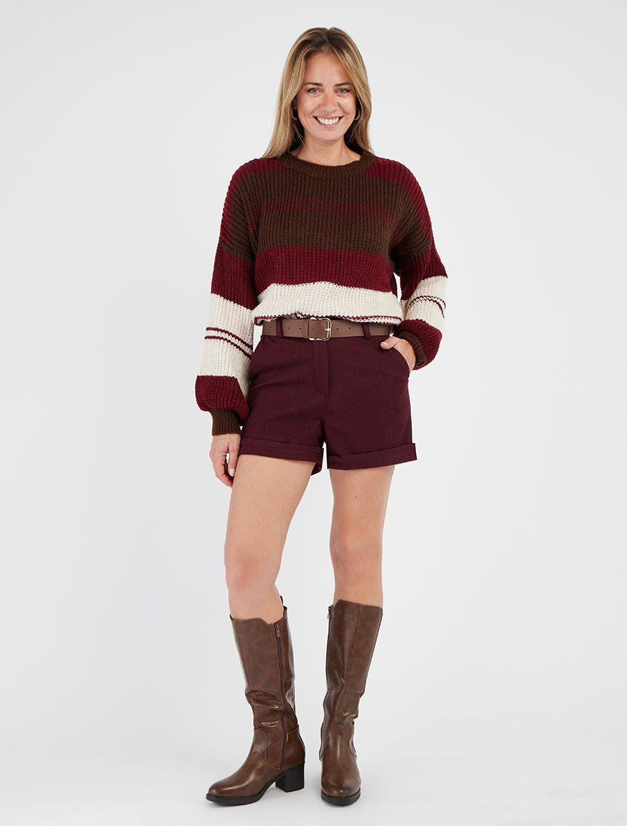 Pull en maille à encolure ronde - Bordeaux/marron