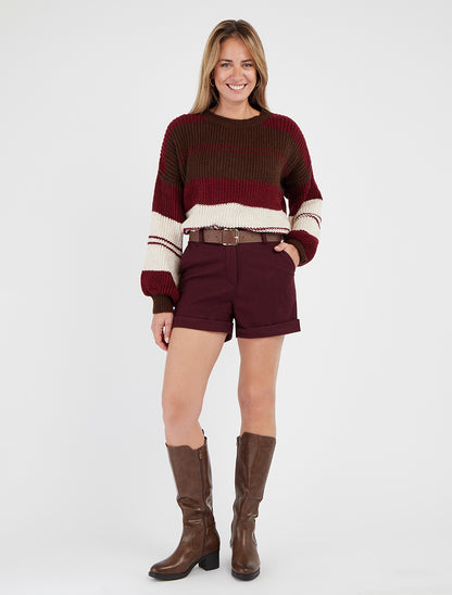Pull en maille à encolure ronde - Bordeaux/marron