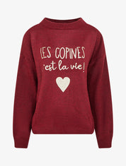 Pull en maille uni à flocage - Lie de vin - 1