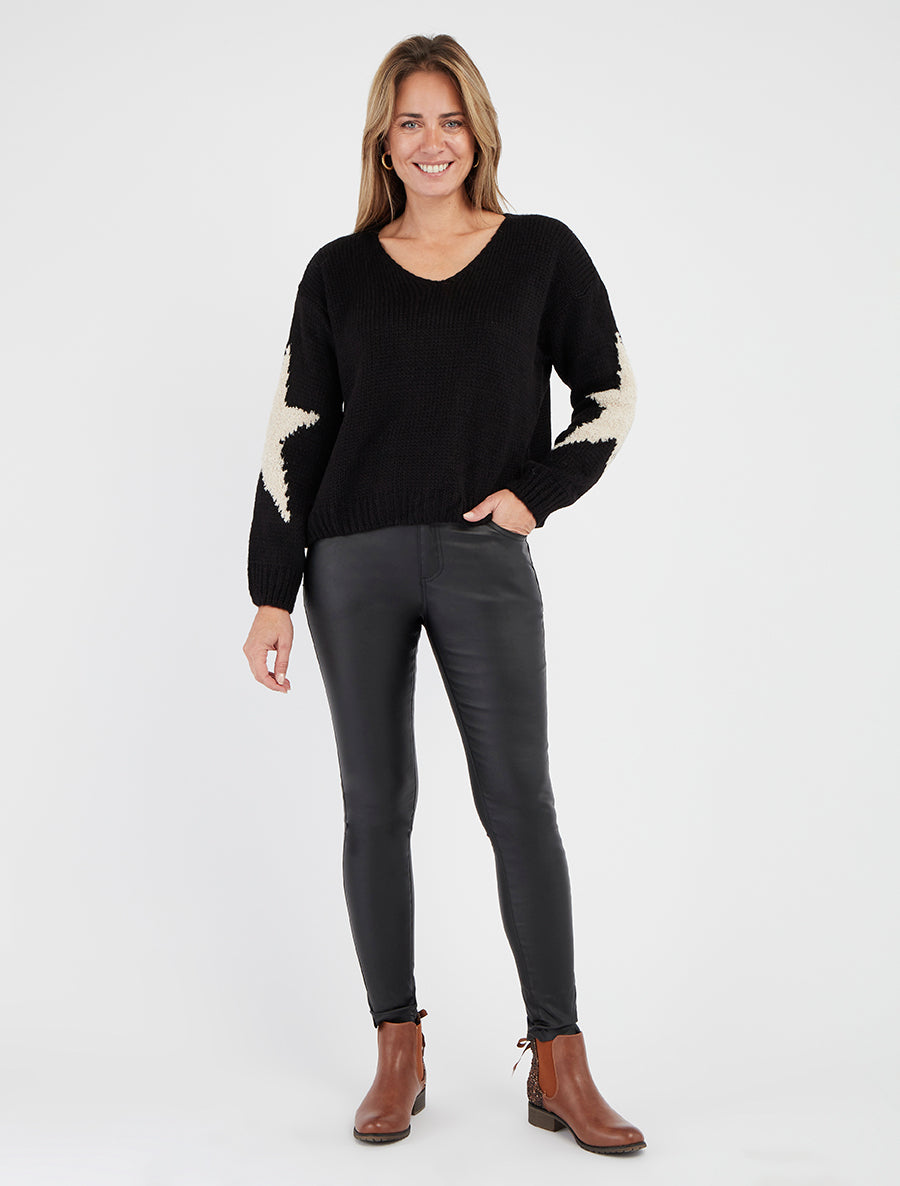 Pull en maille col V à étoiles - Noir