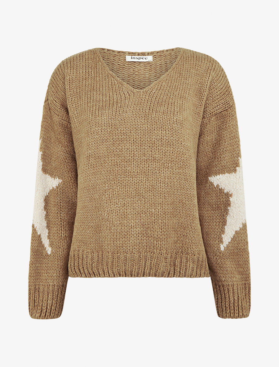Pull en maille uni à motifs étoiles - Camel