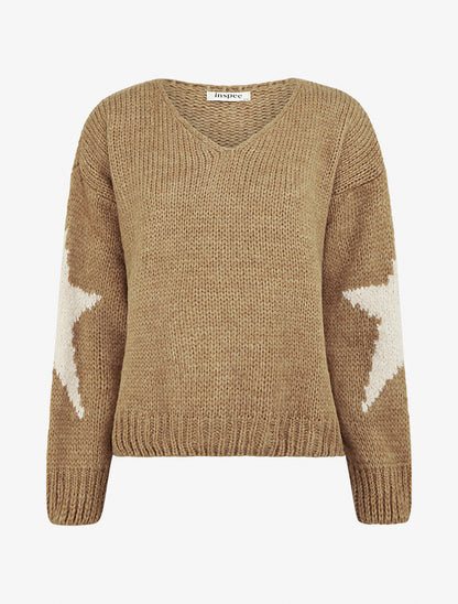Pull en maille uni à motifs étoiles - Camel