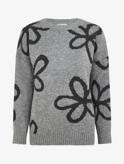 Pull droit à imprimé floral - Gris - 1