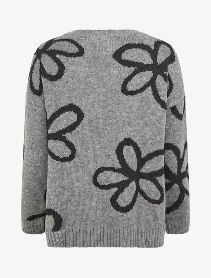 Pull droit à imprimé floral - Gris - 2