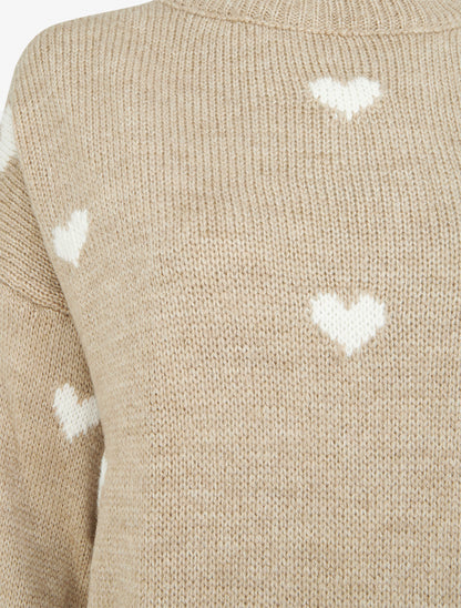 Pull en maille à motifs coeurs - Beige