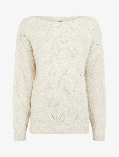 Pull uni ajouré à col rond - Crème - 1