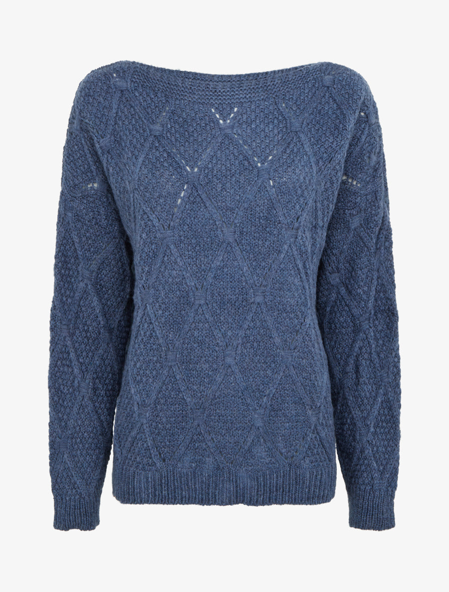 Pull uni ajouré à col rond - Marine - 1
