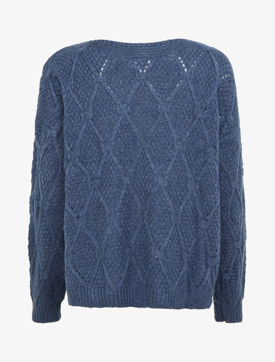 Pull uni ajouré à col rond - Marine - 2