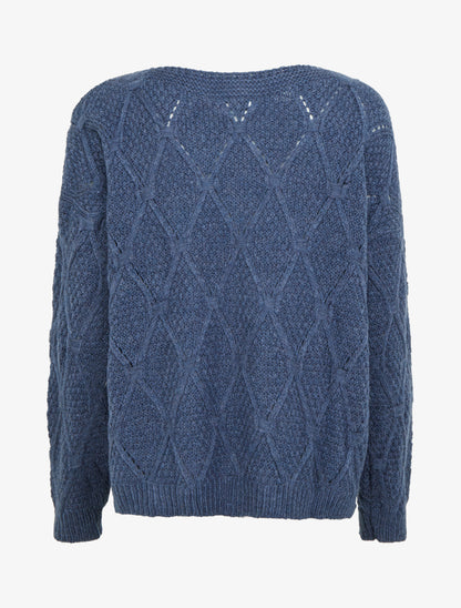 Pull uni ajouré à col rond - Marine - 2
