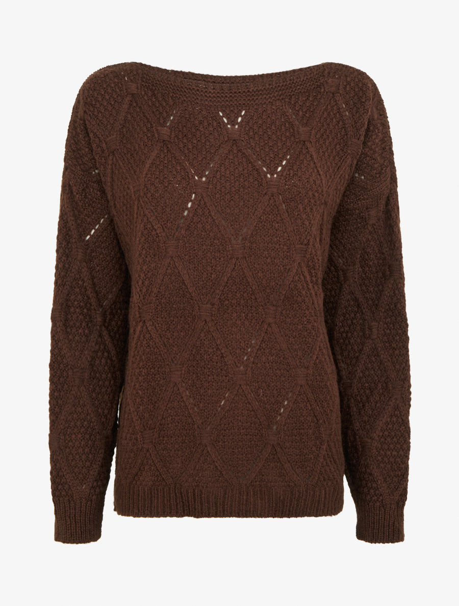 Pull uni ajouré à col rond - Marron - 1