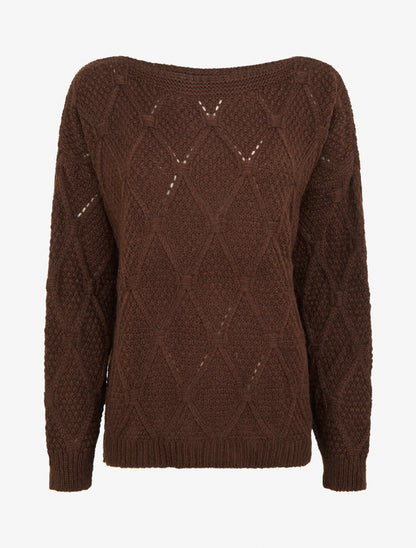 Pull uni ajouré à col rond - Marron - 1