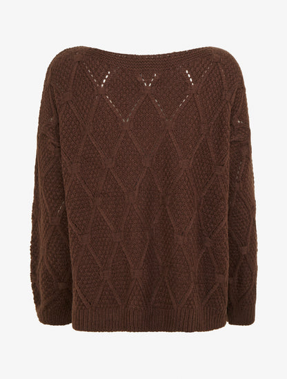 Pull uni ajouré à col rond - Marron - 2