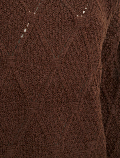 Pull uni ajouré à col rond - Marron - 3