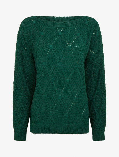 Pull uni ajouré à col rond - Vert sapin - 1