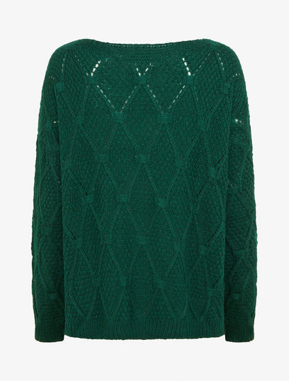 Pull uni ajouré à col rond - Vert sapin - 2