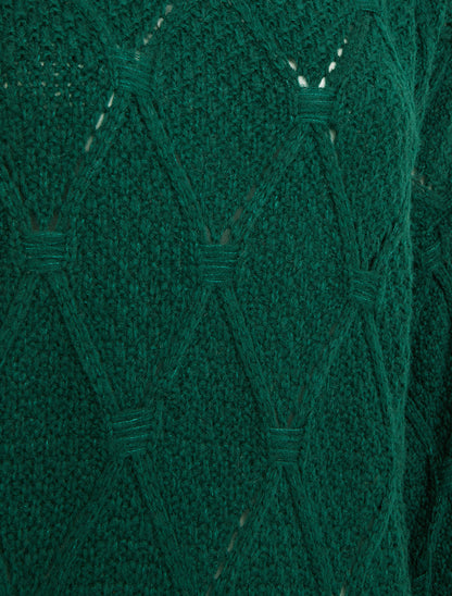 Pull uni ajouré à col rond - Vert sapin - 3