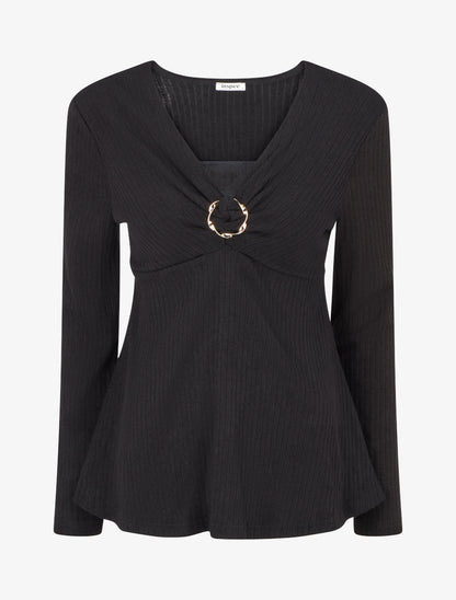 Pull fin côtelé à col dentelle et bijou - Noir - 1