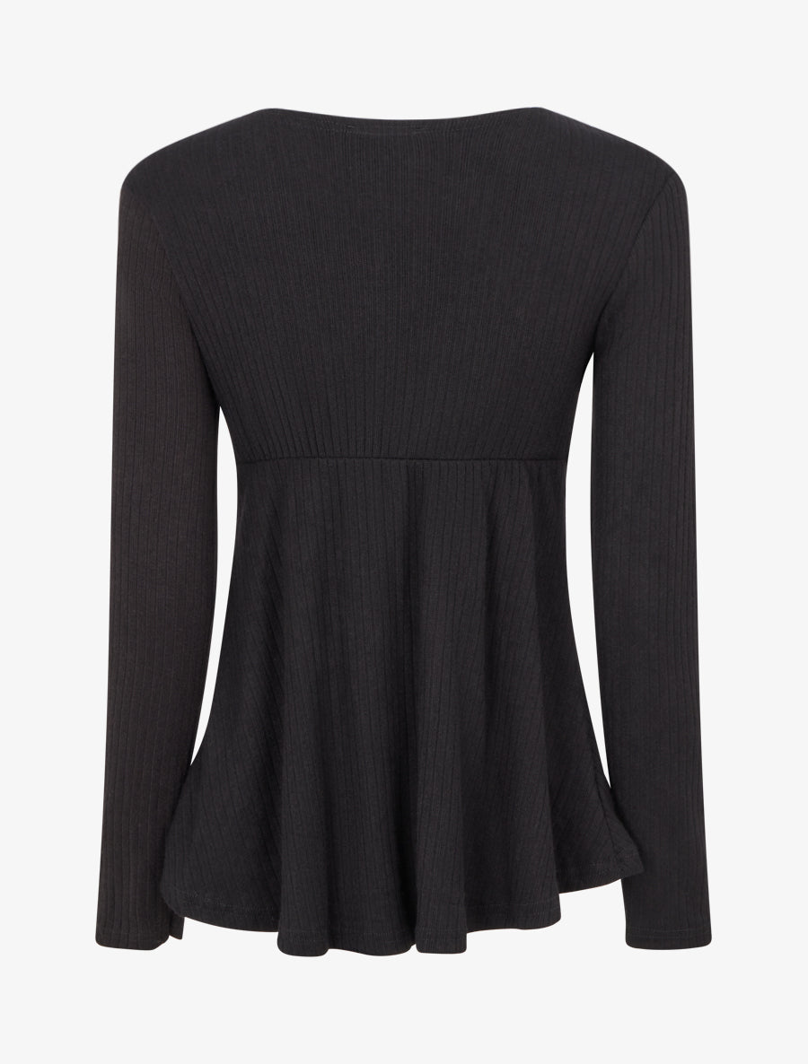 Pull fin côtelé à col dentelle et bijou - Noir - 2