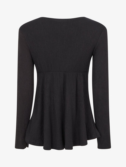 Pull fin côtelé à col dentelle et bijou - Noir - 2