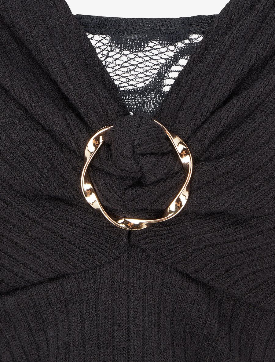 Pull fin côtelé à col dentelle et bijou - Noir - 3