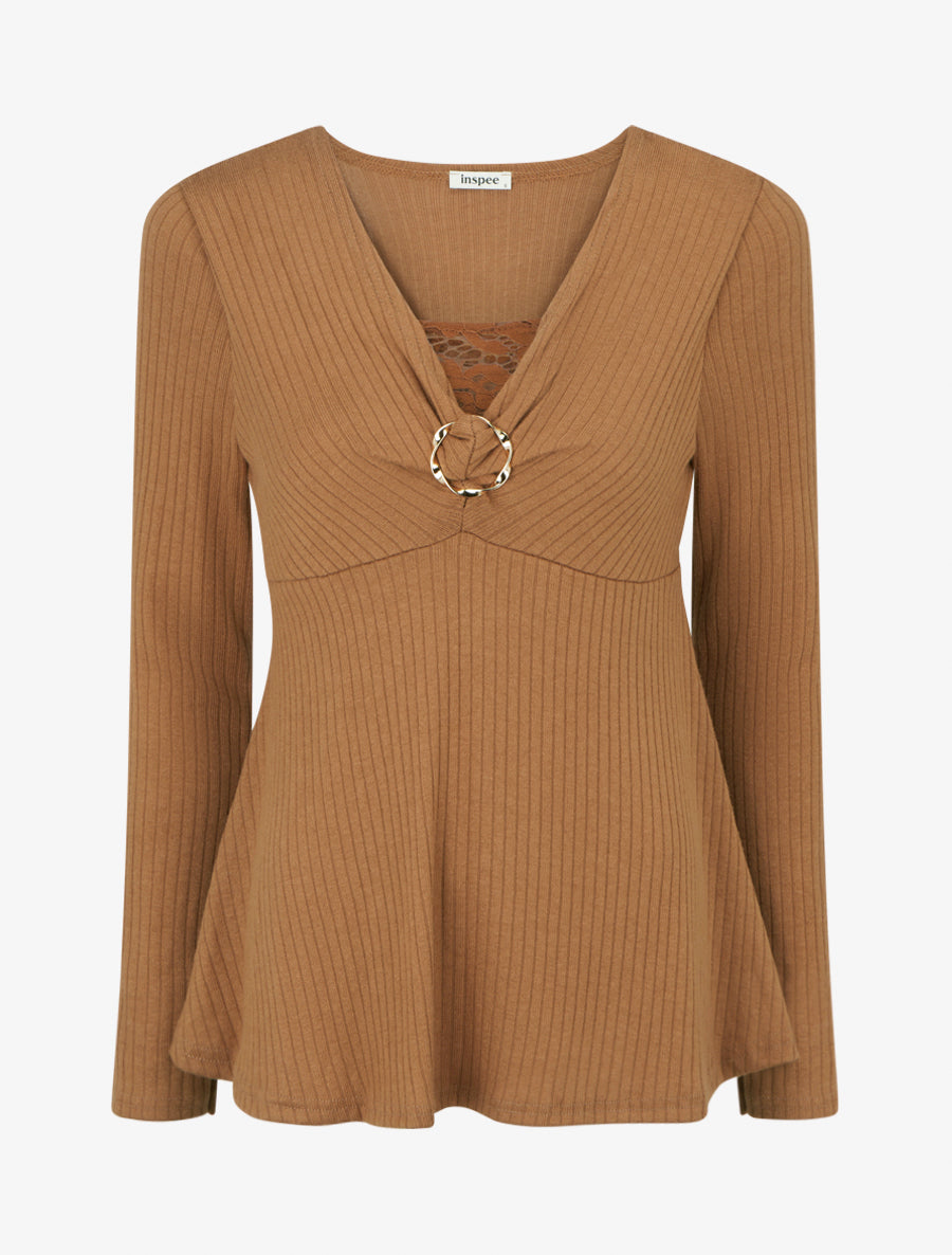 Pull fin côtelé à col dentelle et bijou - Camel - 1