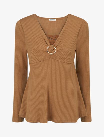Pull fin côtelé à col dentelle et bijou - Camel - 1