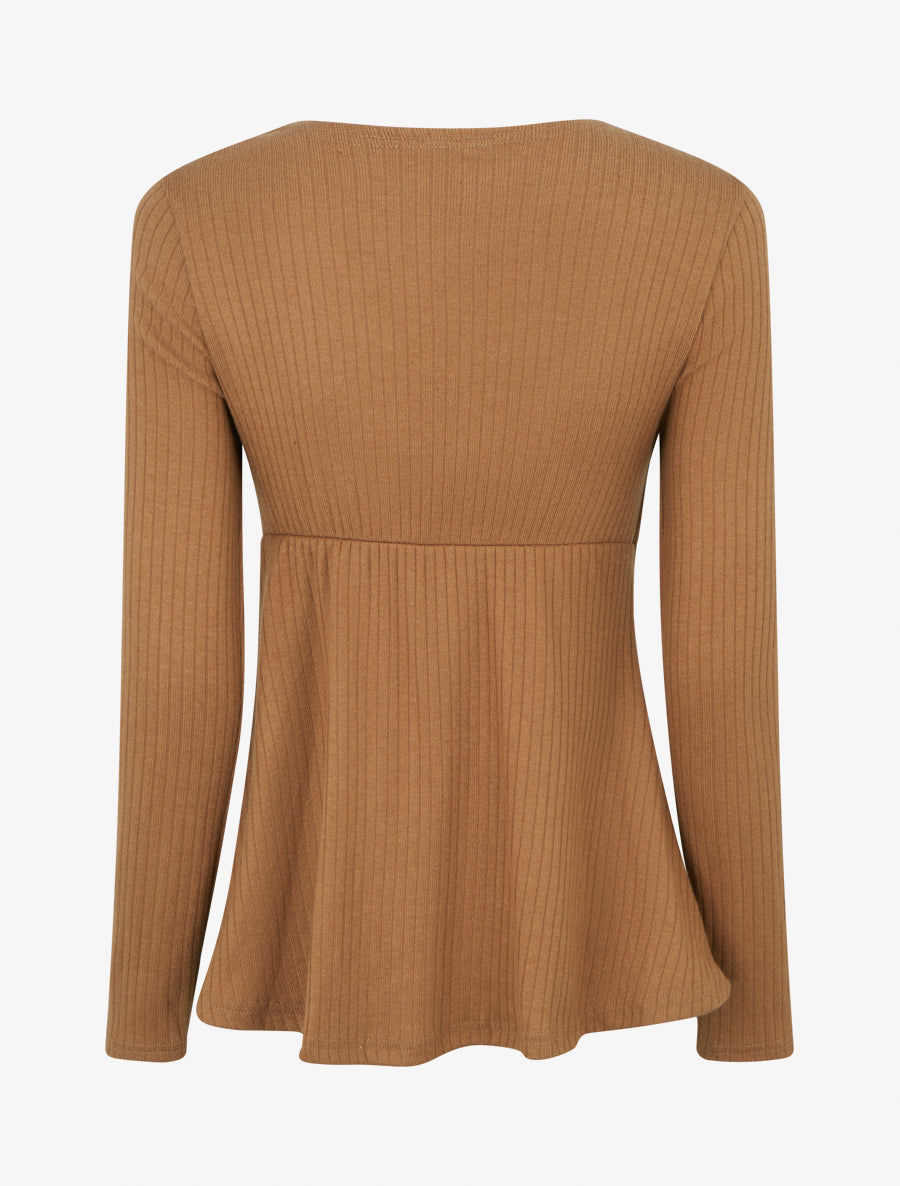 Pull fin côtelé à col dentelle et bijou - Camel - 2