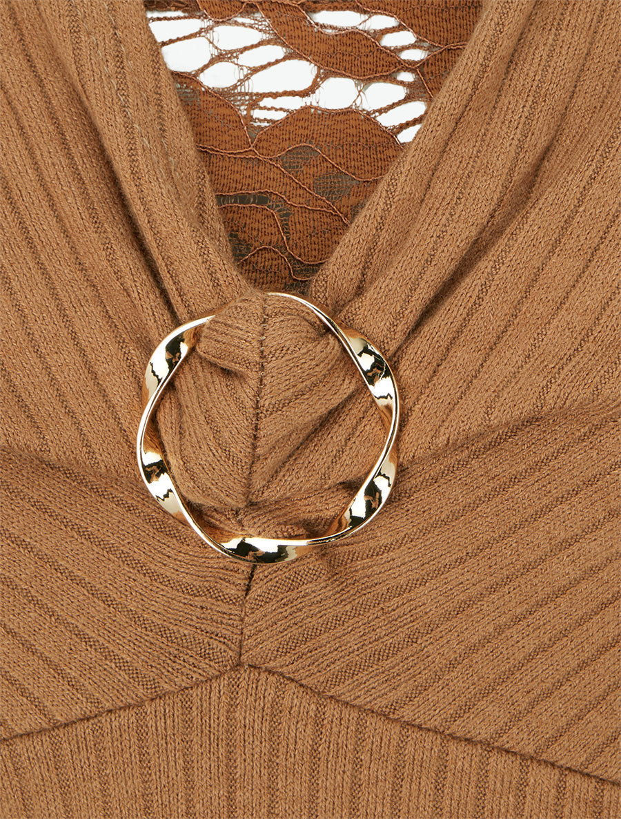 Pull fin côtelé à col dentelle et bijou - Camel - 3