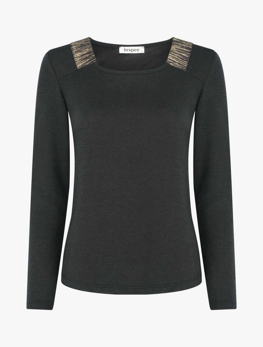 Pull en maille fine à bandes élastiquées - Noir - 1