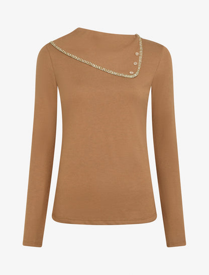 Pull fin à col fantaisie à revers - Camel - 1