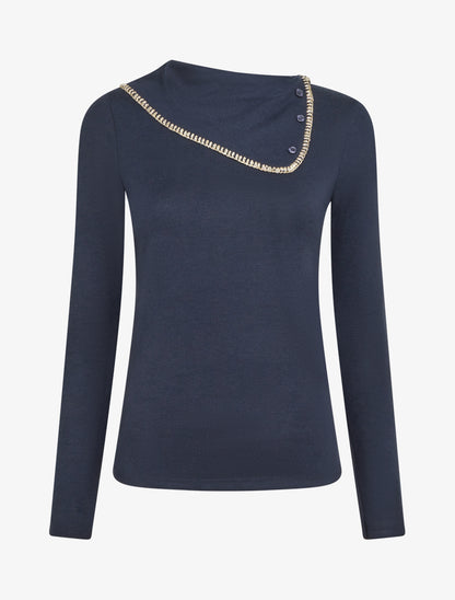 Pull fin à col fantaisie à revers - Marine - 1