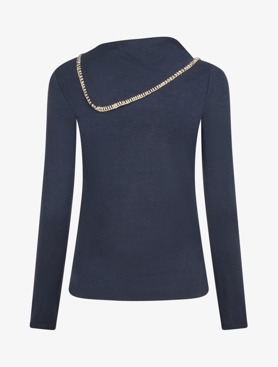 Pull fin à col fantaisie à revers - Marine - 2