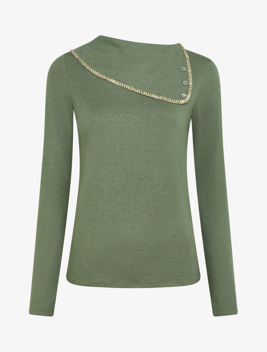 Pull fin à col fantaisie à revers - Kaki - 1