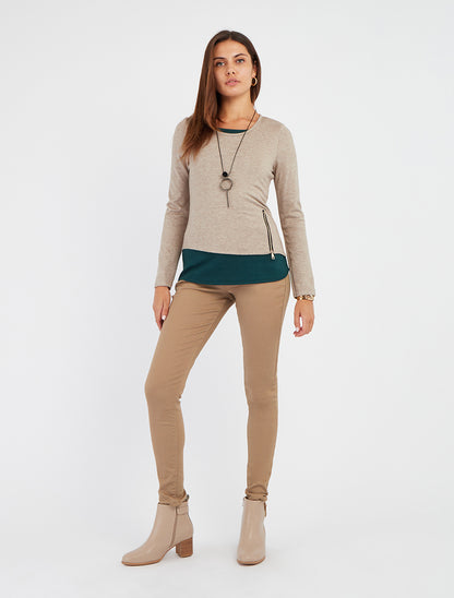 Pull bicolore zippé sur le côté - Taupe/vert sapin - 8