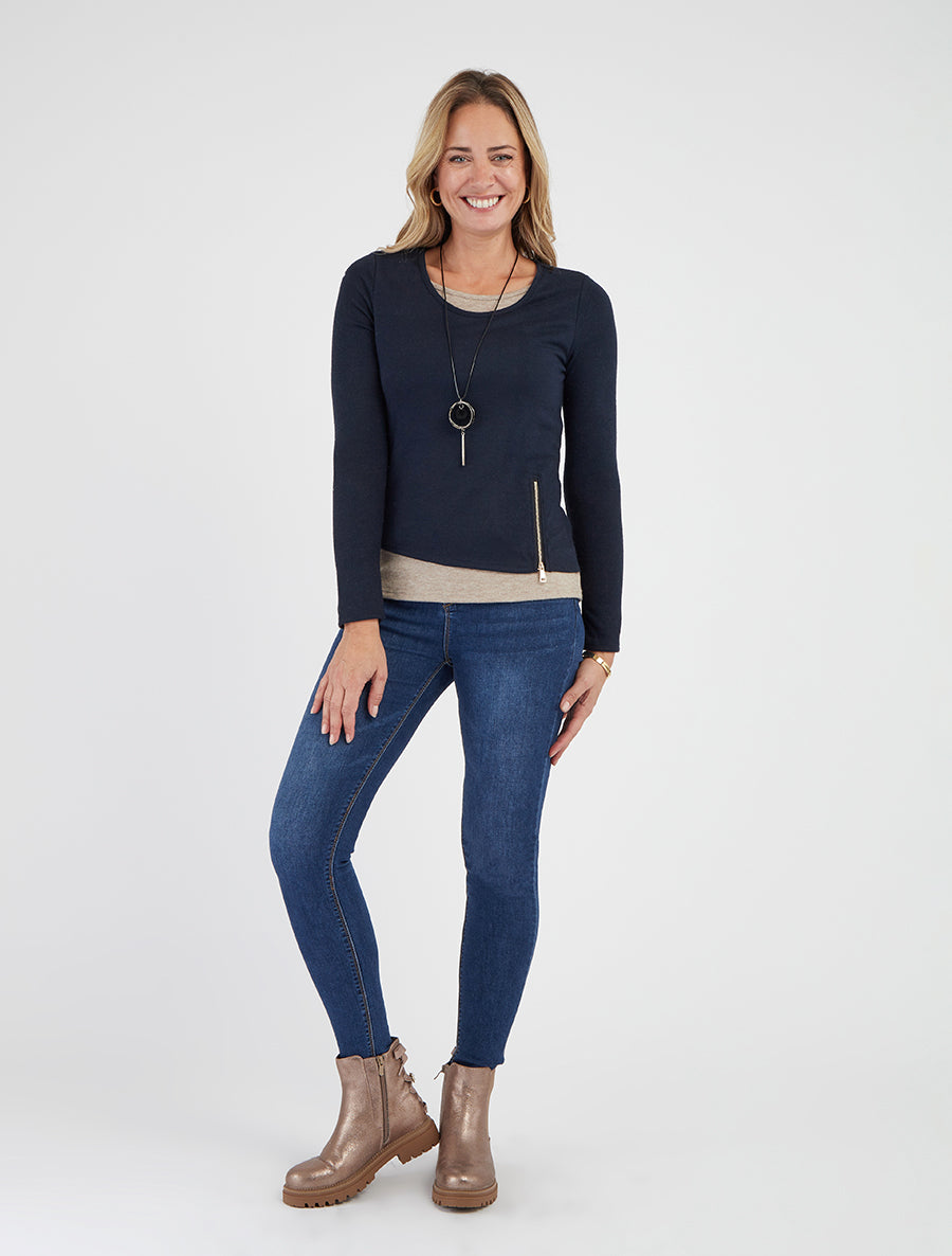 Pull bicolore zippé sur le côté - Marine/taupe - 8